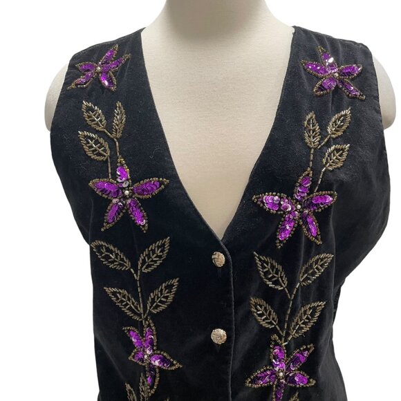 Vintage Jane Ashley Black Velvet Floral Sequin Vest L Boho Chic Festival Holiday - Picture 11 of 12
